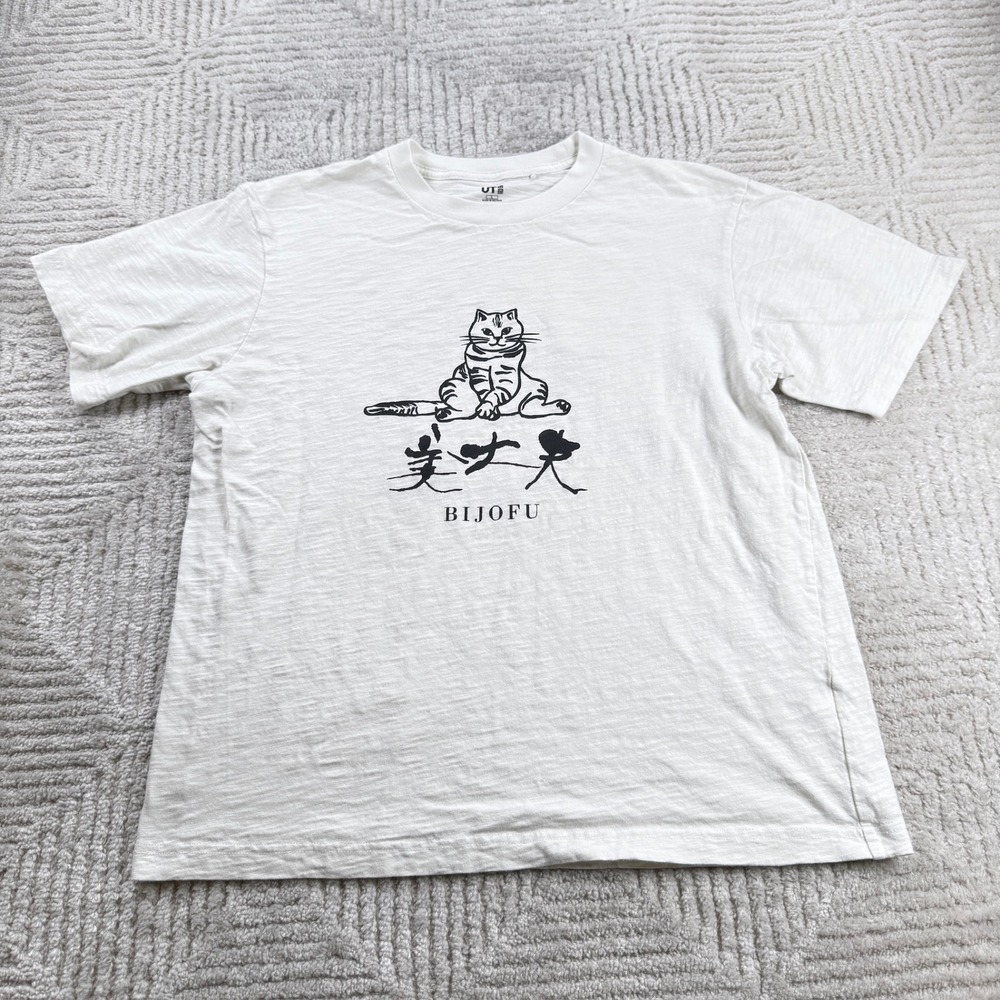 Uniqlo UT Graphic Tee Mens Large White Edo Ukiyo-e Cat Bijofu Japanese Art Shirt
